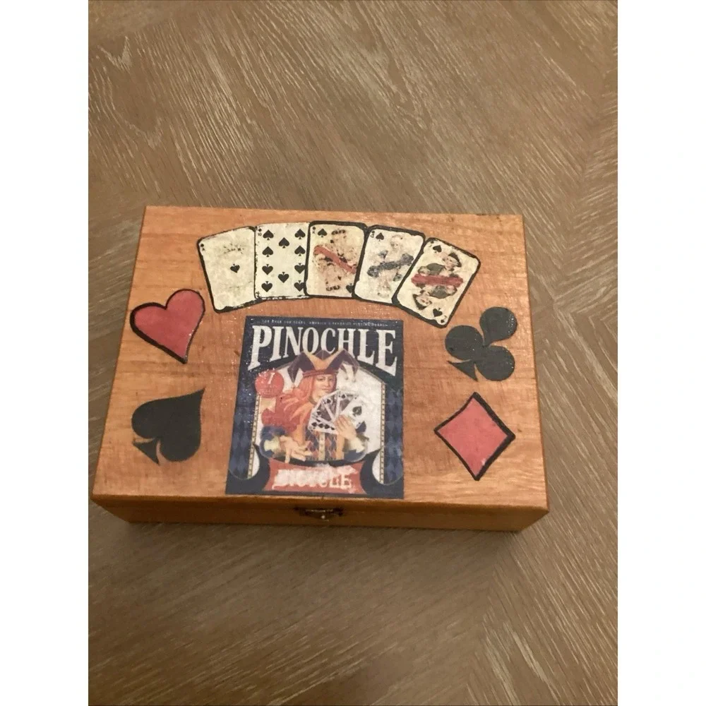 Vintage Handmade Wooden Pinochle Storage Box With Playing Cards And Score Pads